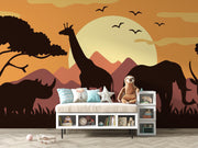 Golden Safari Sunset Silhouette Wall Mural – playroom with a storage bench mock-up