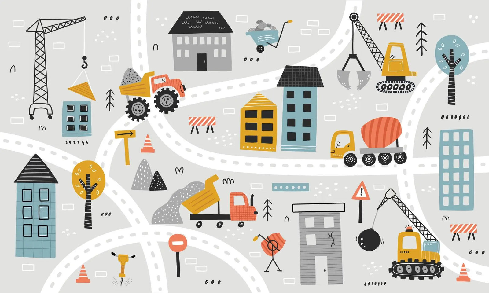 Illustrated city map with buildings, roads, and construction vehicles on a white background