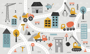 Illustrated city map with buildings, roads, and construction vehicles on a white background