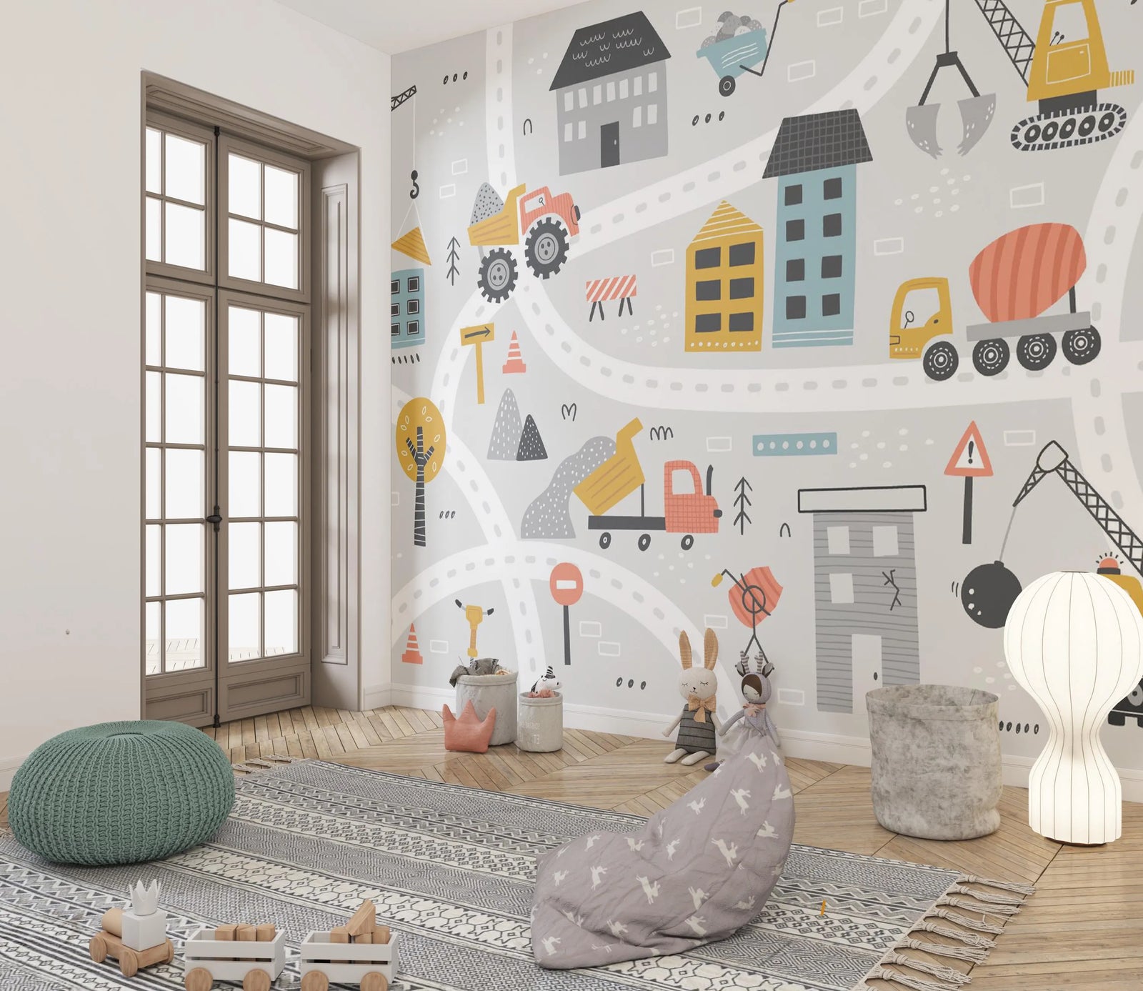 Children's room with colorful wall mural of vehicles and buildings, featuring a rug and bean bag on the floor.