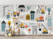 Children's wall mural with construction-themed elements on a gray background