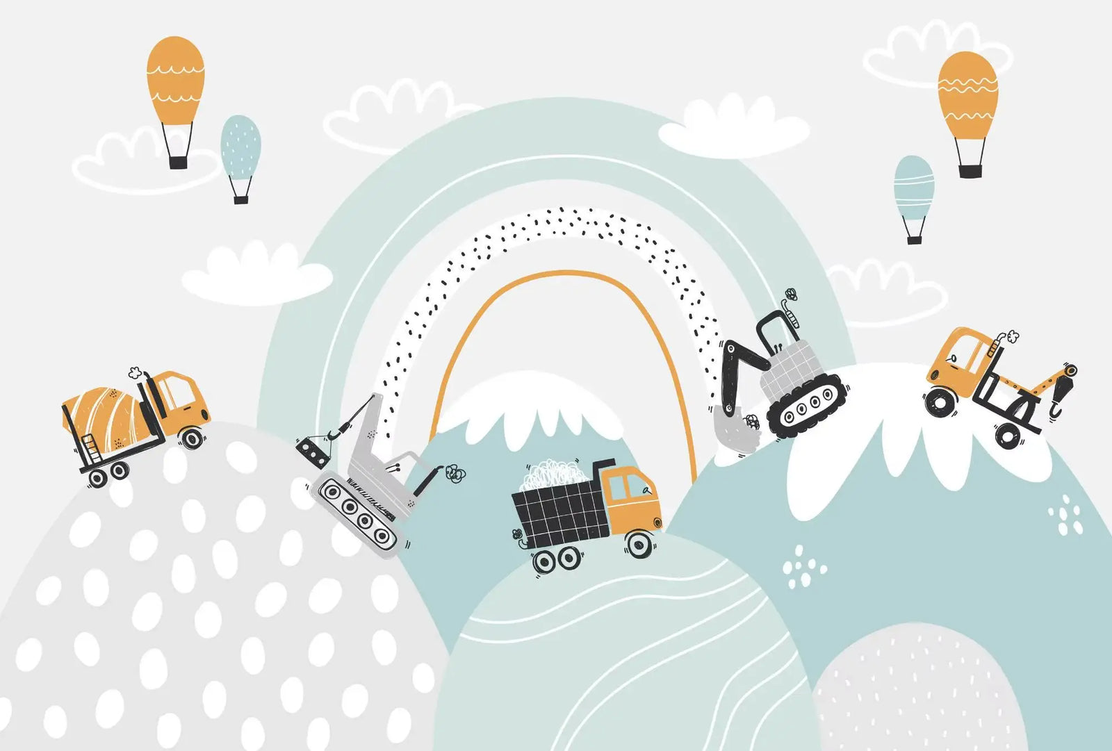 Illustration of construction vehicles and hot air balloons on a light blue background with white patterns.