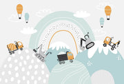 Illustration of construction vehicles and hot air balloons on a light blue background with white patterns.