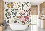 Blush and Mustard Abstract Floral Wall Mural – bathroom with a freestanding bath mock-up