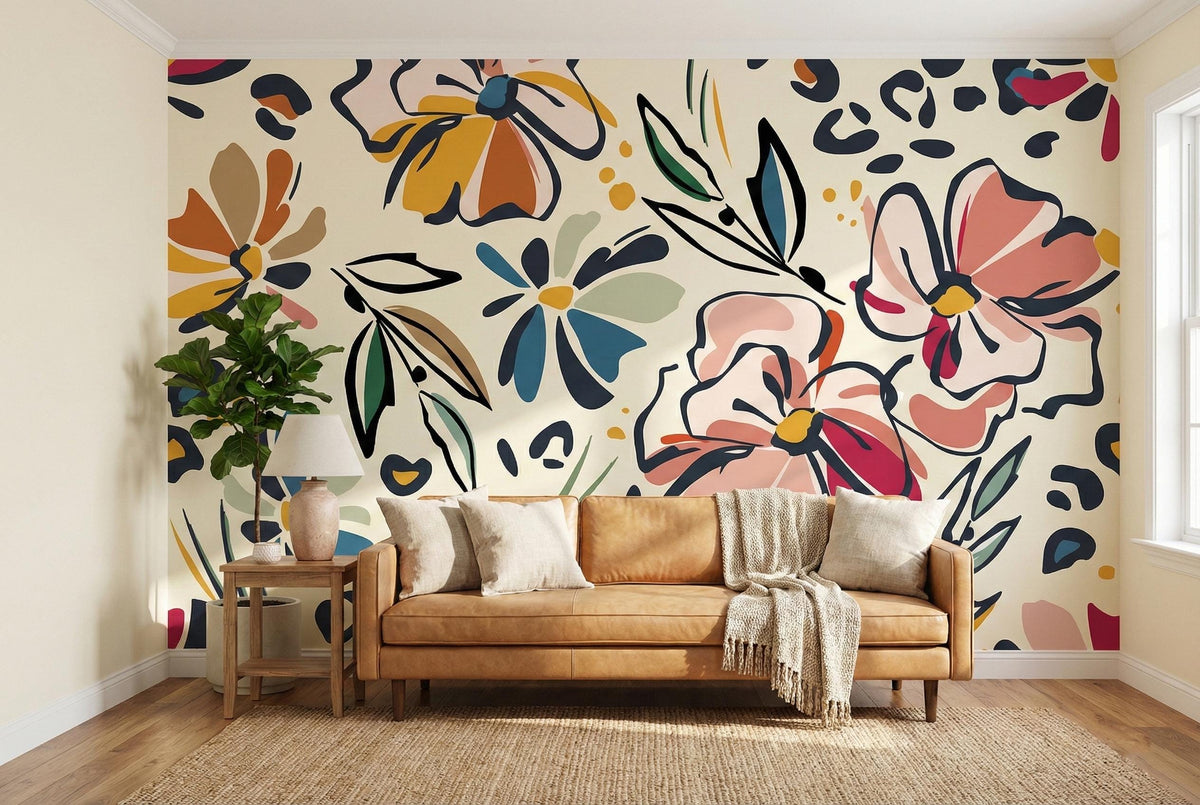 Blush and Mustard Abstract Floral Wall Mural – living room with a tan sofa mock-up