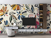Blush and Mustard Abstract Floral Wall Mural – living room with a television mock-up