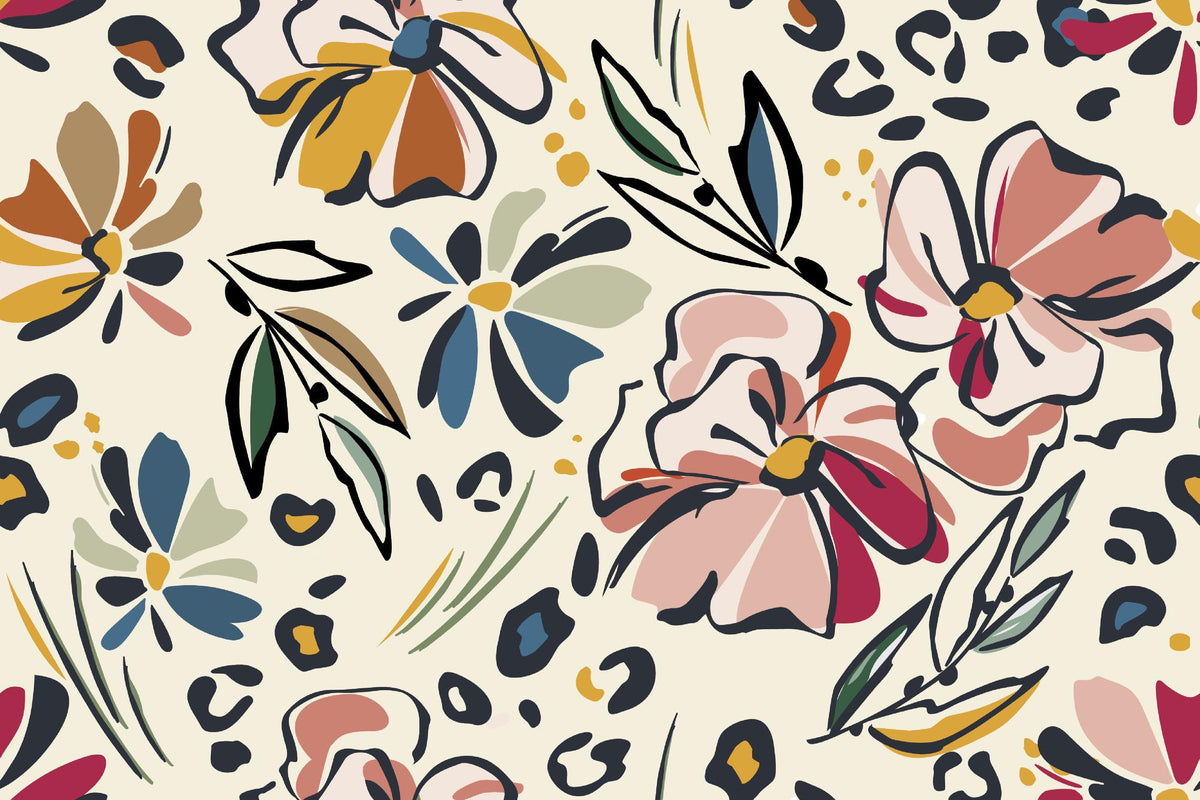 Blush and Mustard Abstract Floral Wall Mural – clean abstract floral artwork