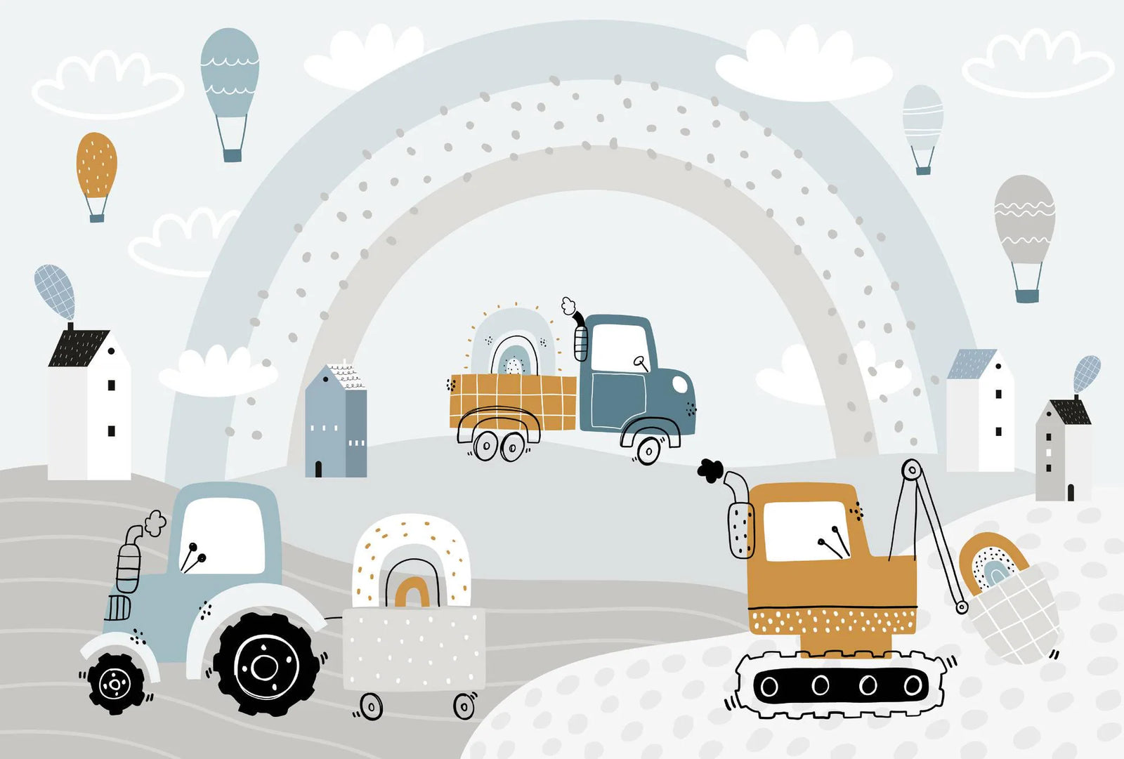 Illustration of construction vehicles and a rainbow in a snowy landscape.