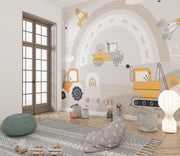 Beige Construction Rainbow Wall Mural – reading nook with floor cushions mock-up