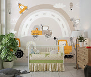 Beige Construction Rainbow Wall Mural – nursery with a cot and wooden chest mock-up