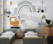 Blue and Mustard Construction Rainbow Wall Mural – bedroom with twin beds mock-up