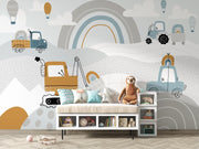 Blue and Mustard Construction Rainbow Wall Mural – playroom with a cushioned storage bench mock-up