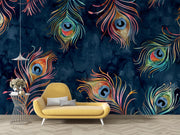 Navy Watercolour Peacock Feather Wall Mural – room with a yellow chaise longue mock-up