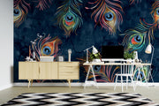 Navy Watercolour Peacock Feather Wall Mural – workspace with pale wood furniture and a geometric rug mock-up