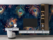 Navy Watercolour Peacock Feather Wall Mural – living room with a television and low cabinet mock-up