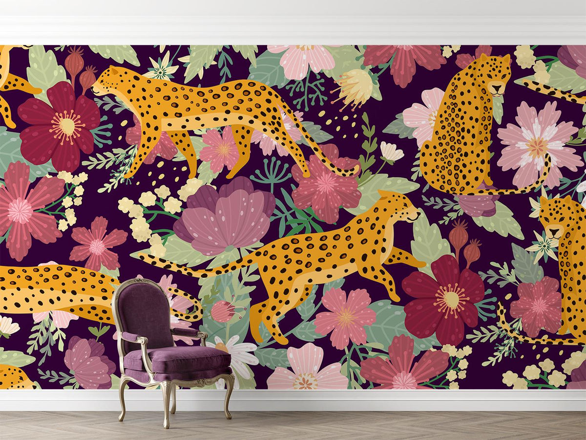 Aubergine Floral Leopard Wall Mural – room with a purple chair mock-up