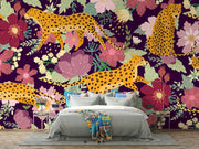 Aubergine Floral Leopard Wall Mural – bedroom with a green bed mock-up