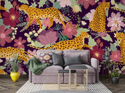 Aubergine Floral Leopard Wall Mural – living room with a grey sofa mock-up