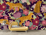Aubergine Floral Leopard Wall Mural – room with a yellow sofa mock-up