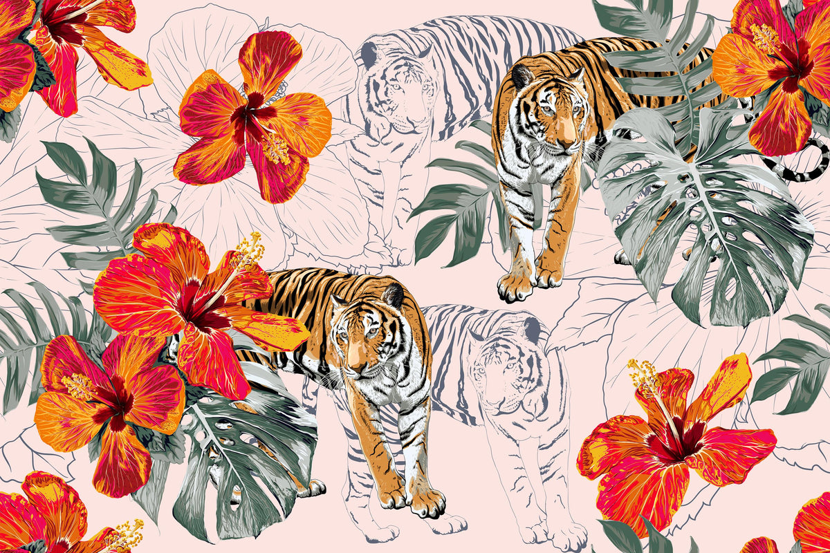 Blush Tropical Tiger and Hibiscus Wall Mural – clean artwork