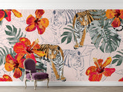Blush Tropical Tiger and Hibiscus Wall Mural – room with a purple chair mock-up
