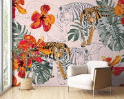 Blush Tropical Tiger and Hibiscus Wall Mural – room with a cream armchair mock-up