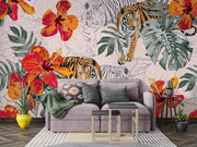 Blush Tropical Tiger and Hibiscus Wall Mural – living room with a mauve sofa mock-up