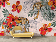 Blush Tropical Tiger and Hibiscus Wall Mural – room with a yellow chaise longue mock-up