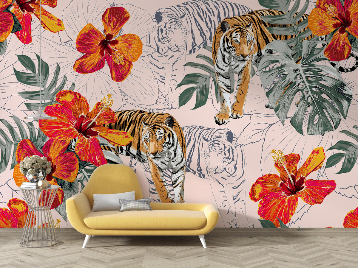 Blush Tropical Tiger and Hibiscus Wall Mural – room with a yellow chaise longue mock-up