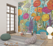 Colourful Wildflower Field Wall Mural – reading nook with floor cushions mock-up