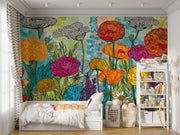 Colourful Wildflower Field Wall Mural – child's bedroom with a low bed and shelving mock-up