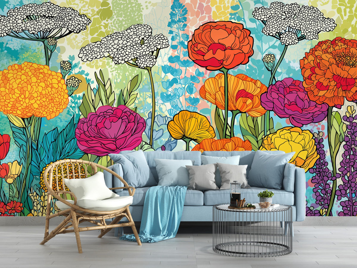 Colourful Wildflower Field Wall Mural – living room with a blue sofa mock-up