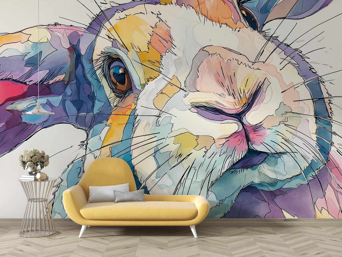 Close-up rabbit portrait with blue, pink and lilac watercolour-style patches — room with a yellow chaise longue mock-up