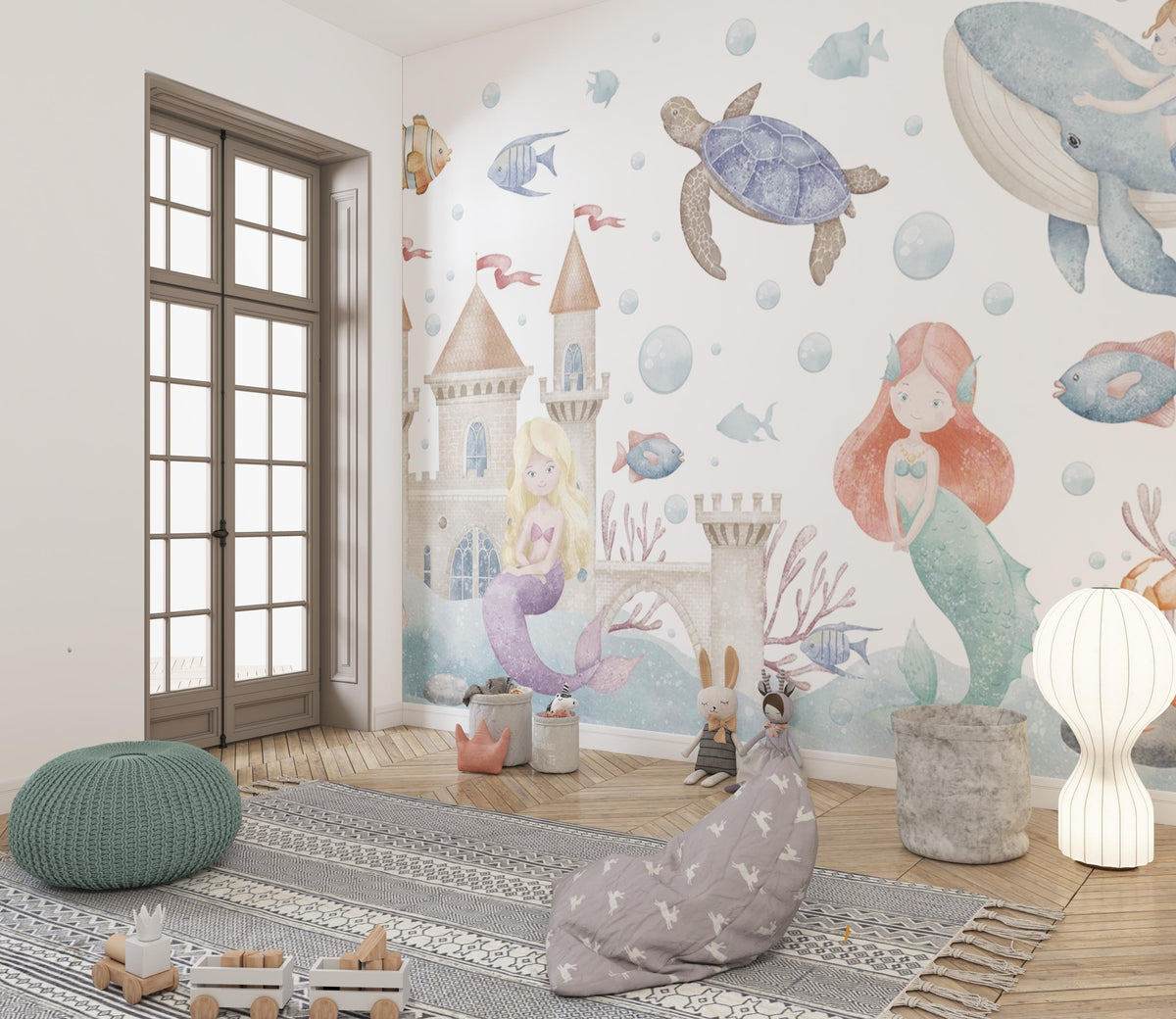 Watercolour Mermaid Castle Wall Mural – room illustration 1