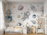Watercolour Astronaut and Planets Wall Mural – room illustration 4