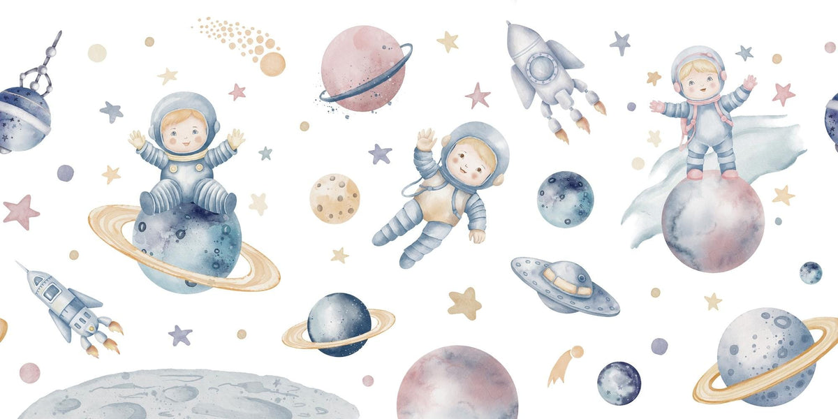Watercolour Astronaut and Planets Wall Mural – full artwork