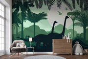 Green Dinosaur Silhouette Jungle Wall Mural – nursery with a chest of drawers mock-up