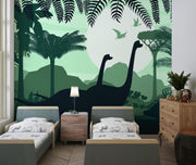 Green Dinosaur Silhouette Jungle Wall Mural – bedroom with twin beds mock-up