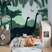Green Dinosaur Silhouette Jungle Wall Mural – child’s bedroom with a house-shaped bed mock-up