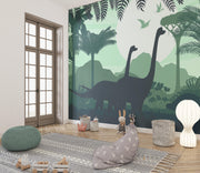 Green Dinosaur Silhouette Jungle Wall Mural – playroom with floor cushions mock-up