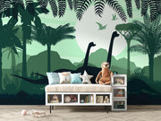 Green Dinosaur Silhouette Jungle Wall Mural – playroom with a storage bench mock-up