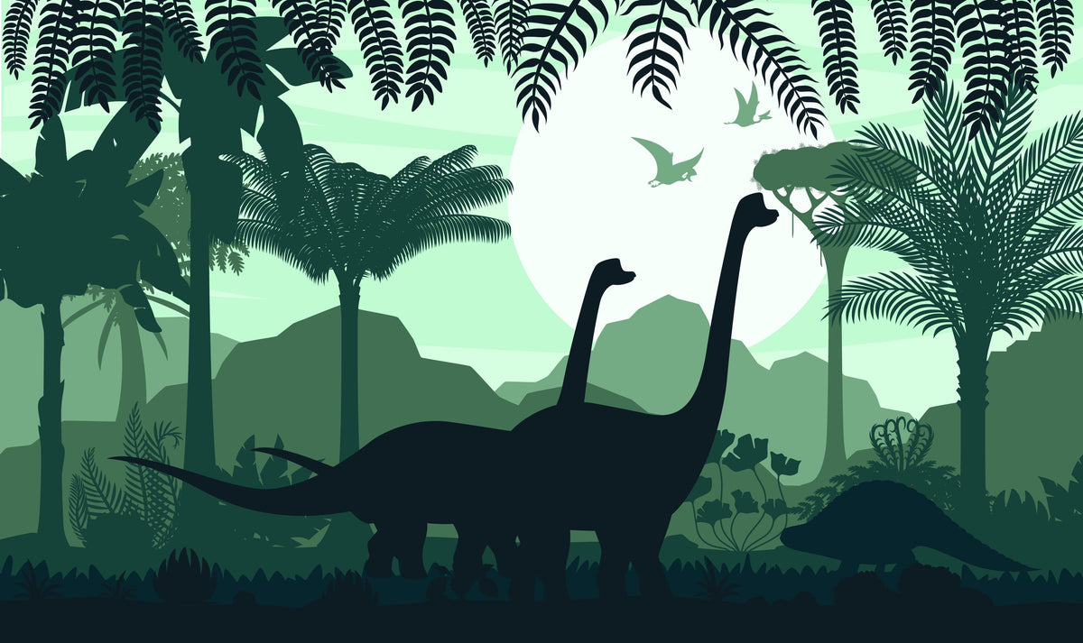 Green Dinosaur Silhouette Jungle Wall Mural – clean green dinosaur artwork