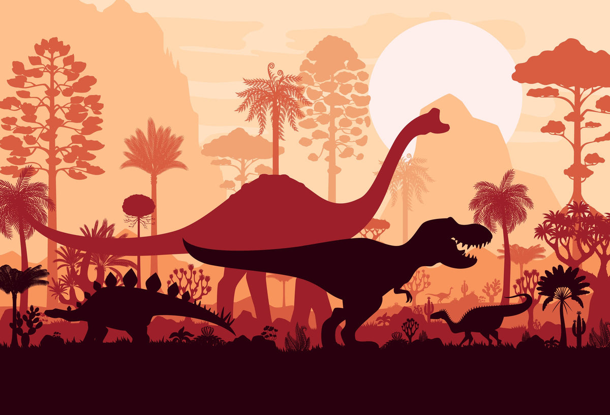 Terracotta Dinosaur Silhouette Landscape Wall Mural – clean dinosaur landscape artwork