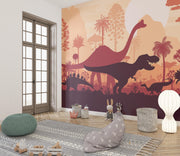 Terracotta Dinosaur Silhouette Landscape Wall Mural – playroom with floor cushions mock-up