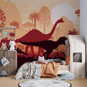 Terracotta Dinosaur Silhouette Landscape Wall Mural – child’s bedroom with a house-shaped bed mock-up