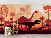 Terracotta Dinosaur Silhouette Landscape Wall Mural – playroom with a wooden ladder mock-up