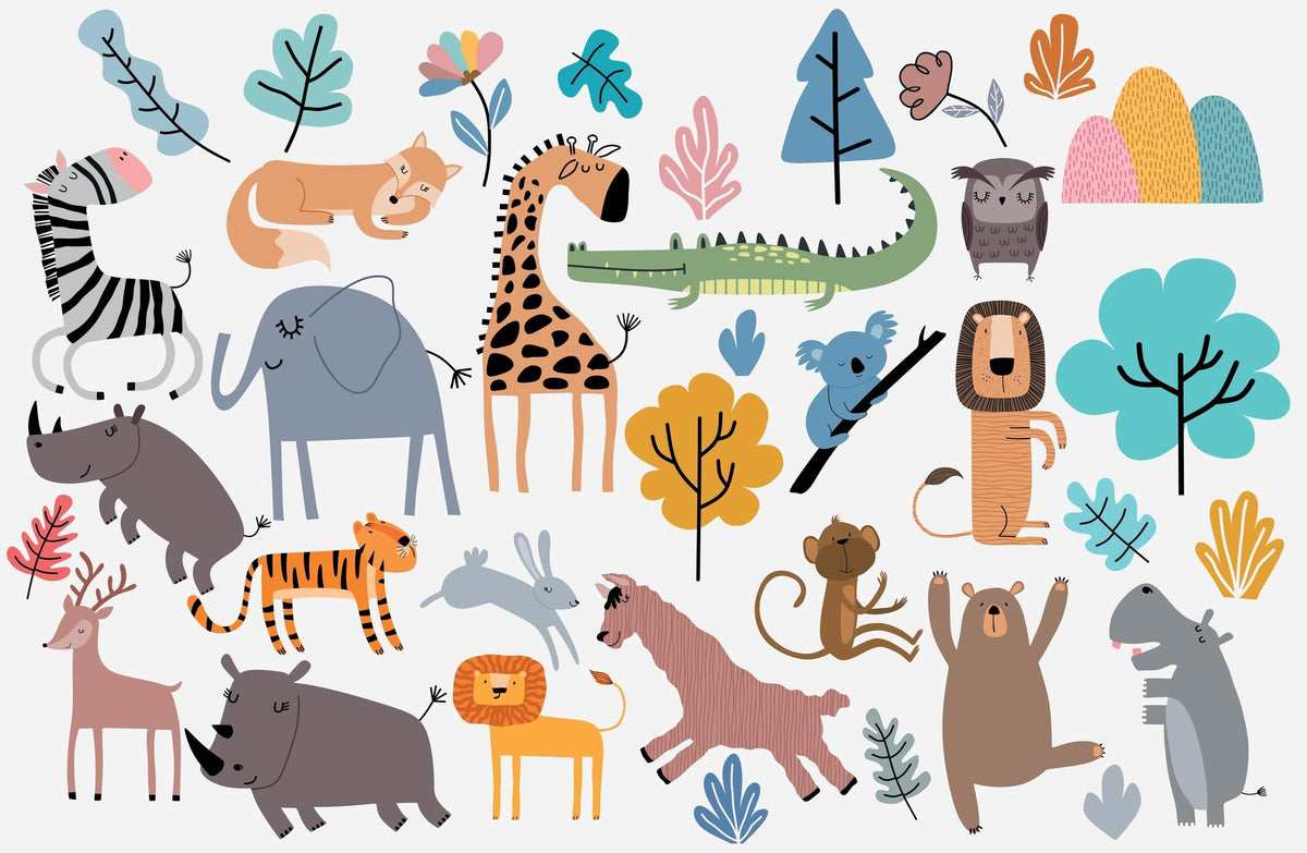 Scandi Animal Gathering Wall Mural – clean Scandi animal artwork