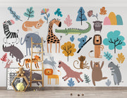 Scandi Animal Gathering Wall Mural – playroom with a wooden ladder mock-up
