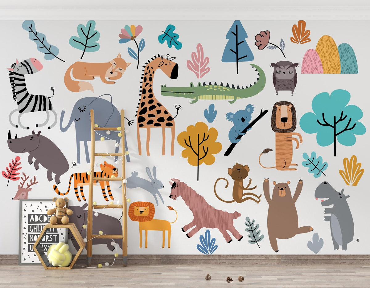 Scandi Animal Gathering Wall Mural – playroom with a wooden ladder mock-up