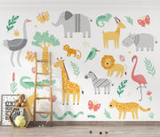 White Safari Animal Pattern Wall Mural – playroom with a wooden ladder mock-up